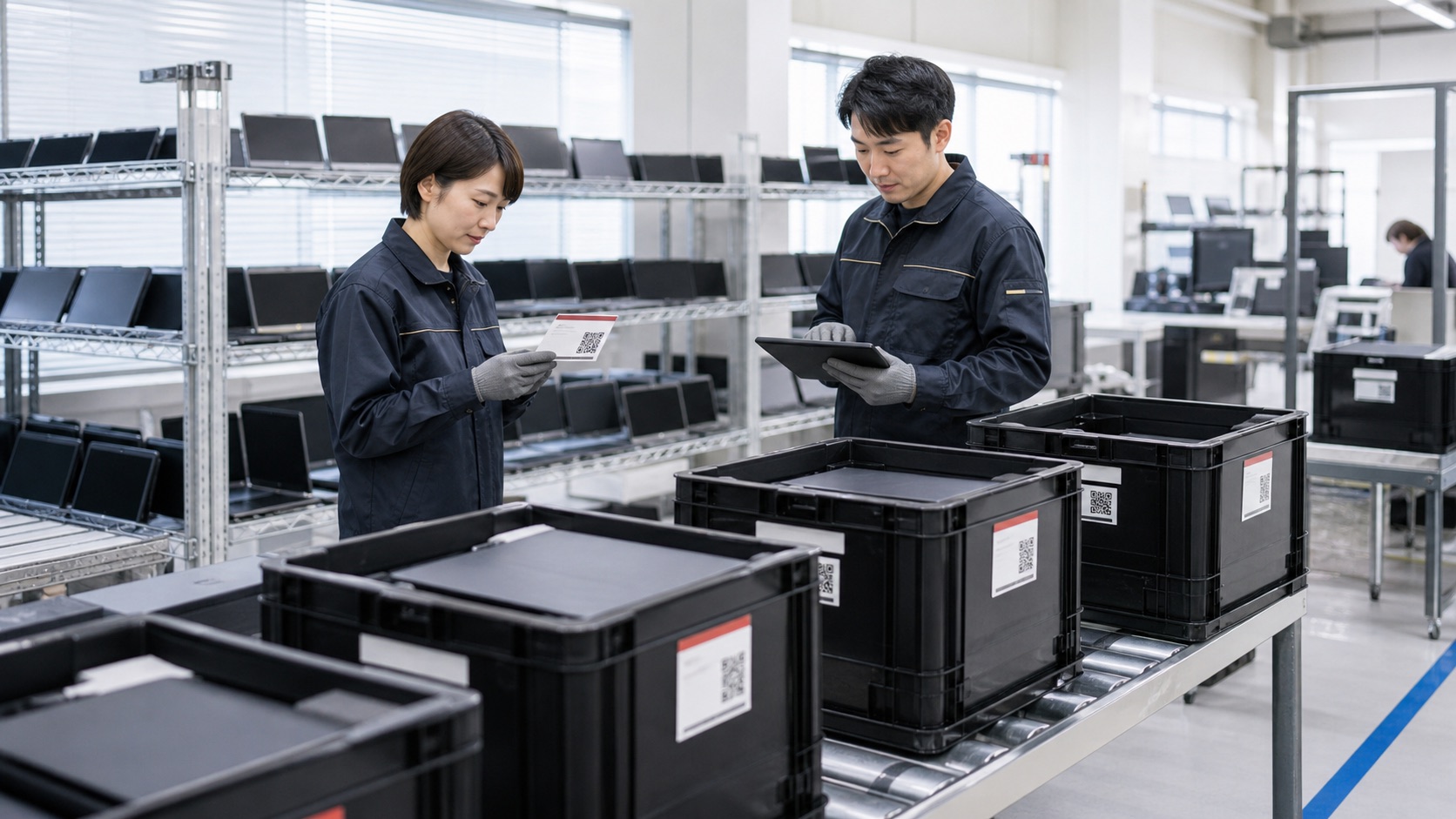 QR付きBOXラベルとタブレットを使い、中古PCの受入情報を確認する作業のイメージ