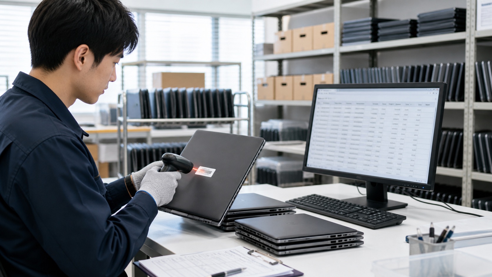 中古PCのバーコードを読み取り、個体情報を在庫台帳へ登録する検品作業のイメージ