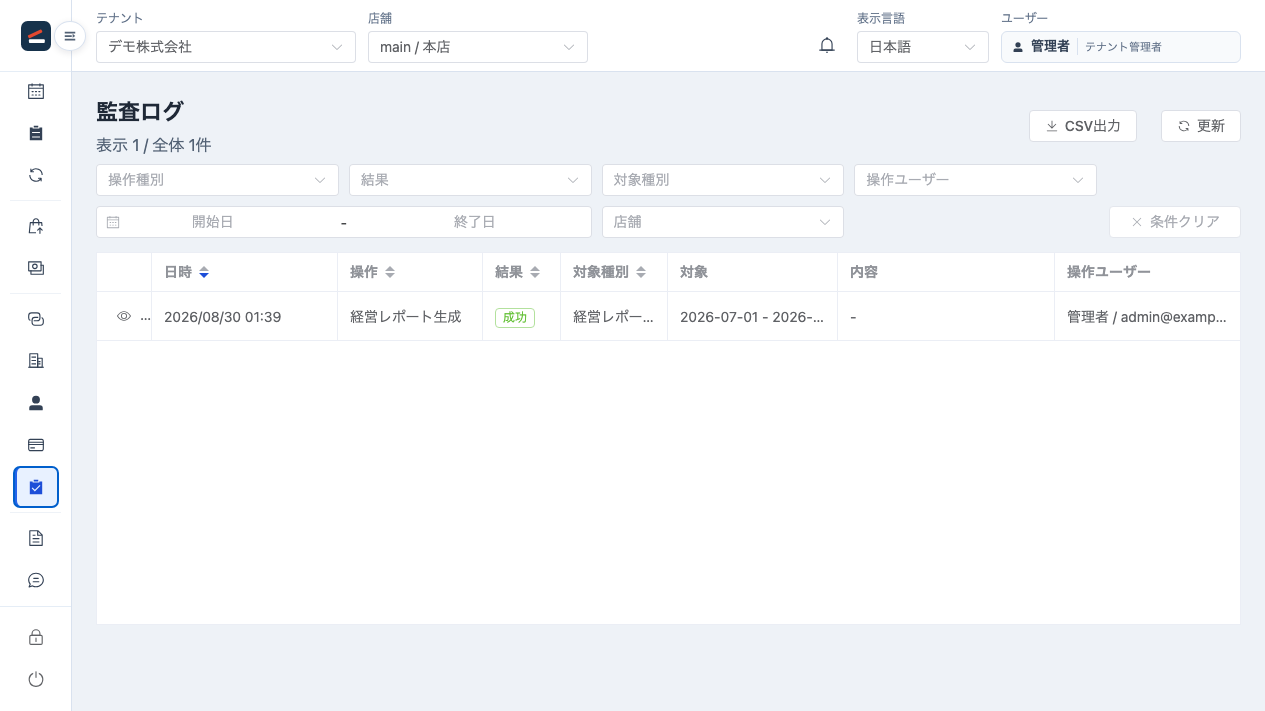 NIDOME audit log listing dates, events, results, targets, and users