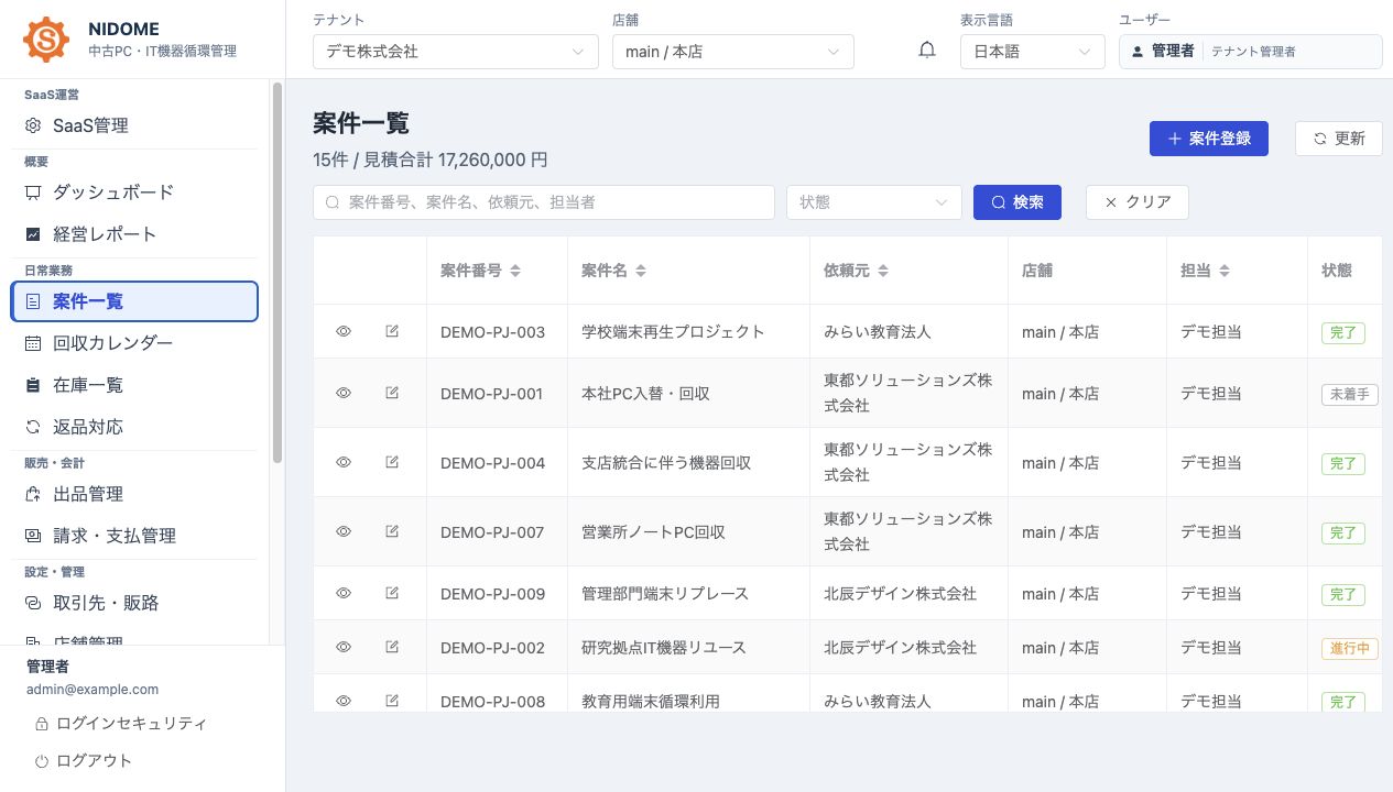 NIDOMEの案件一覧画面。案件番号、顧客、回収日、機器台数、工程進捗を一覧表示